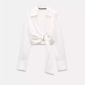 Zara White Long Sleeve Tie Front Blouse